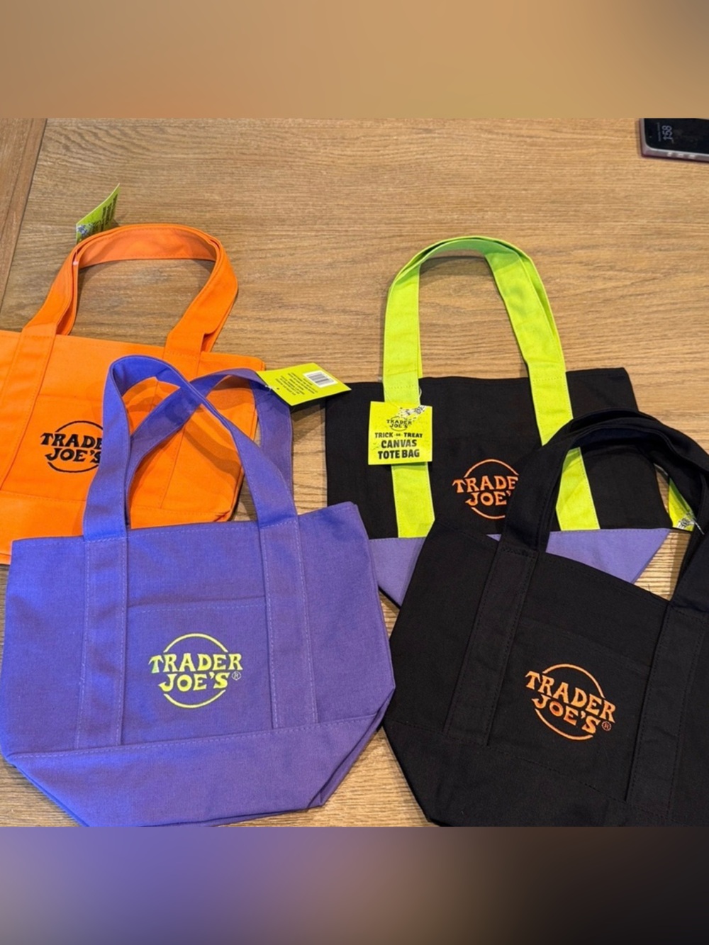 Trader Joe's Small Canvas Tote Bag - Purple, Orange, Black with Lime Handles
